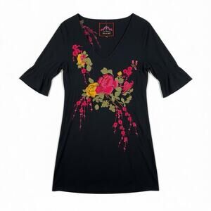 Johnny Was Dress Floral Roses Embroidered on Black Background Dress Womens Small